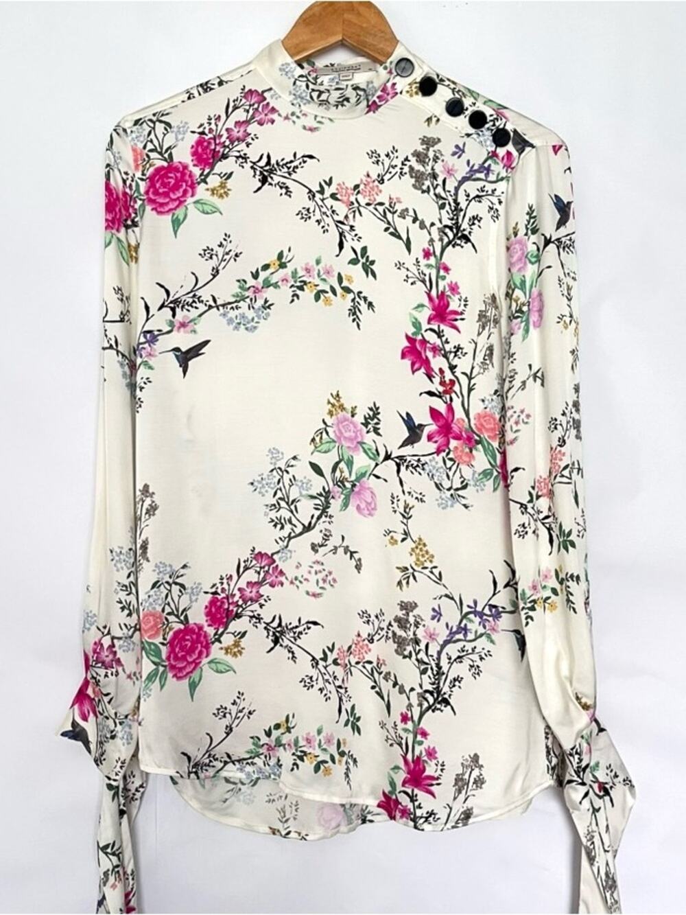 Equipment Avelaine Floral Bird Mockneck Blouse Tie Wrists Size XS Ivory Multi